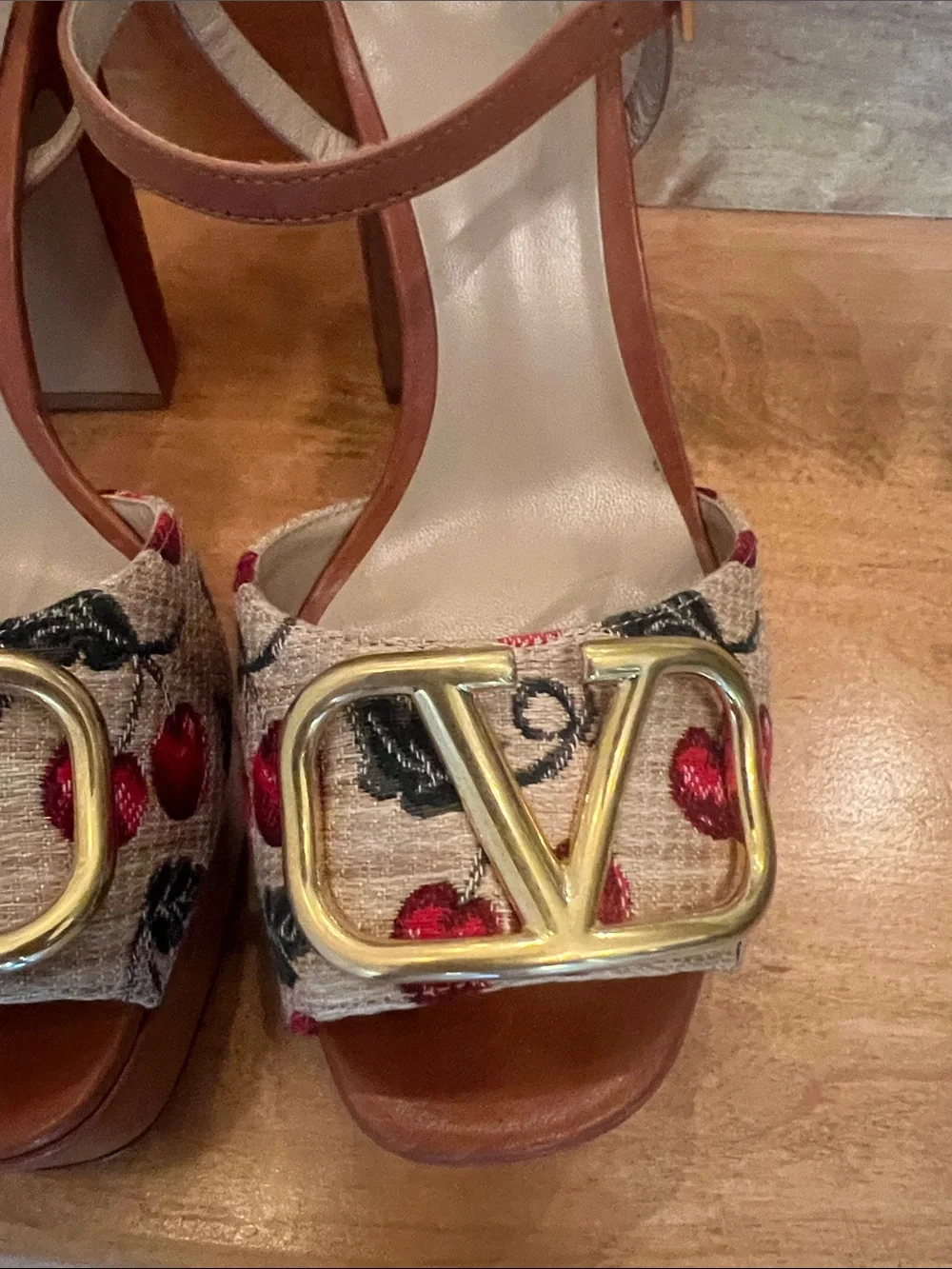 Valentino Garavani Brown Leather Slingback Sandals with Red Cherry Embroidery